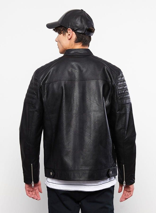 Slim Fit Stand Collar Men's Leather Look Coat