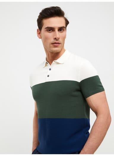 Polo Collar Short Sleeve Color Block Men's Knitwear Sweater