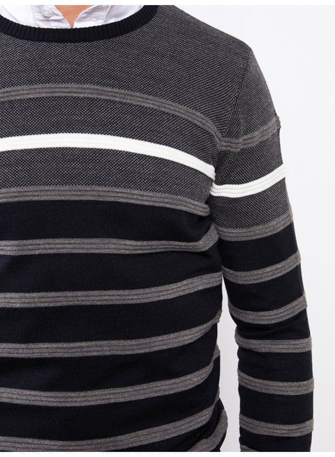 Crew Neck Long Sleeve Striped Men's Tricot Sweater